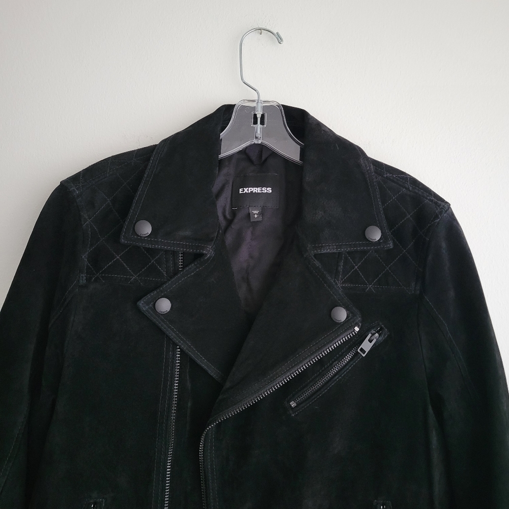 EXPRESS Genuine Black Suede Quilted Biker Bomber Moto Jacket Unisex - Picture 4 of 7